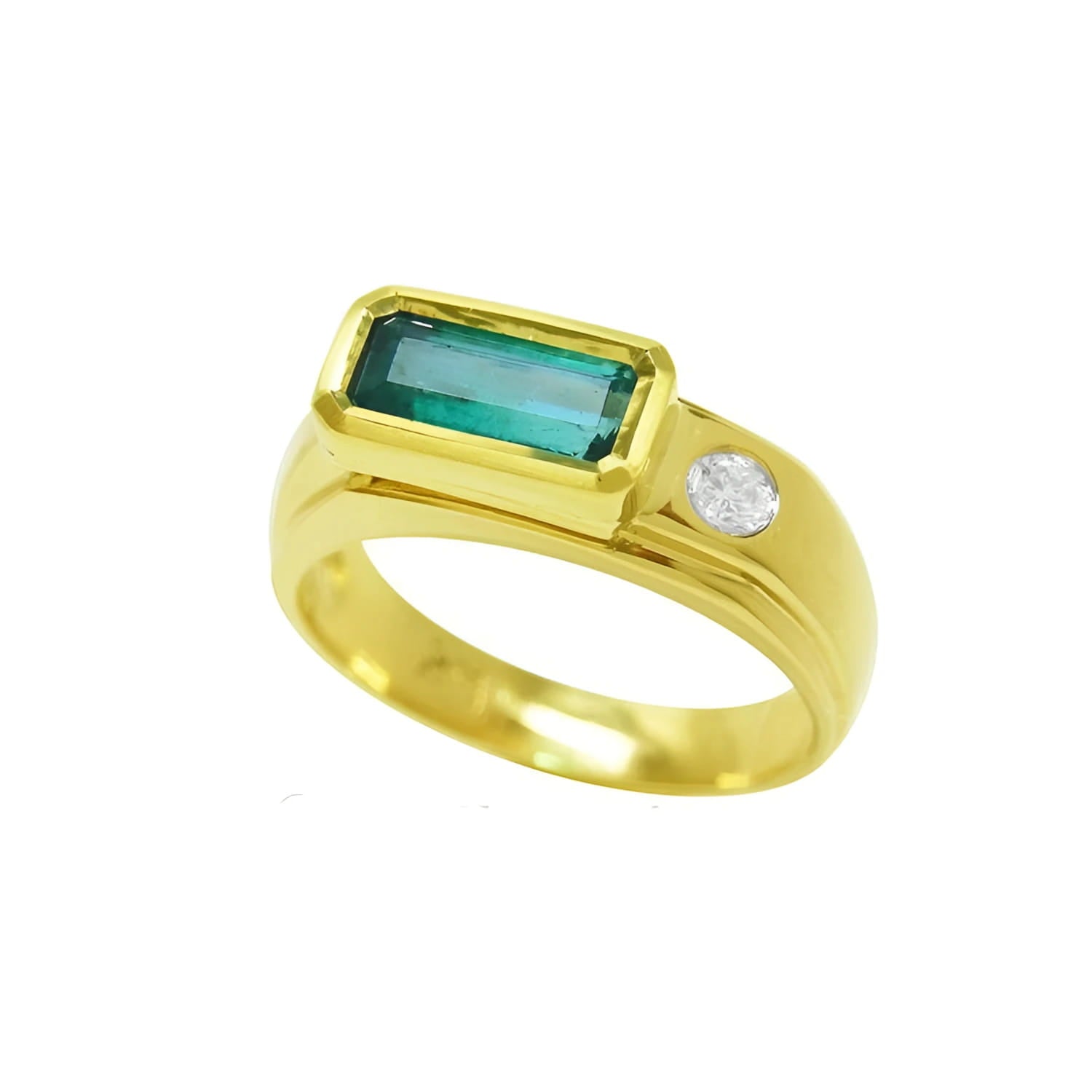 Men's 14K yellow gold ring with a deep green emerald cut Colombian emerald and a side diamond.
