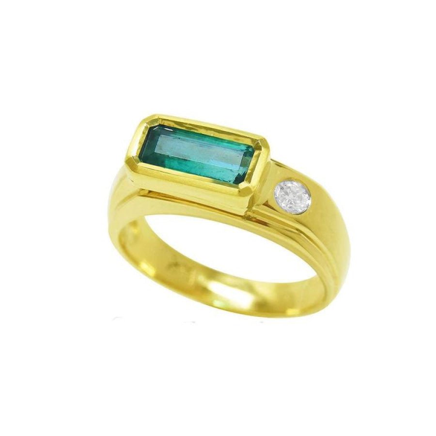 Men's 14K yellow gold ring with a deep green emerald cut Colombian emerald and a side diamond.