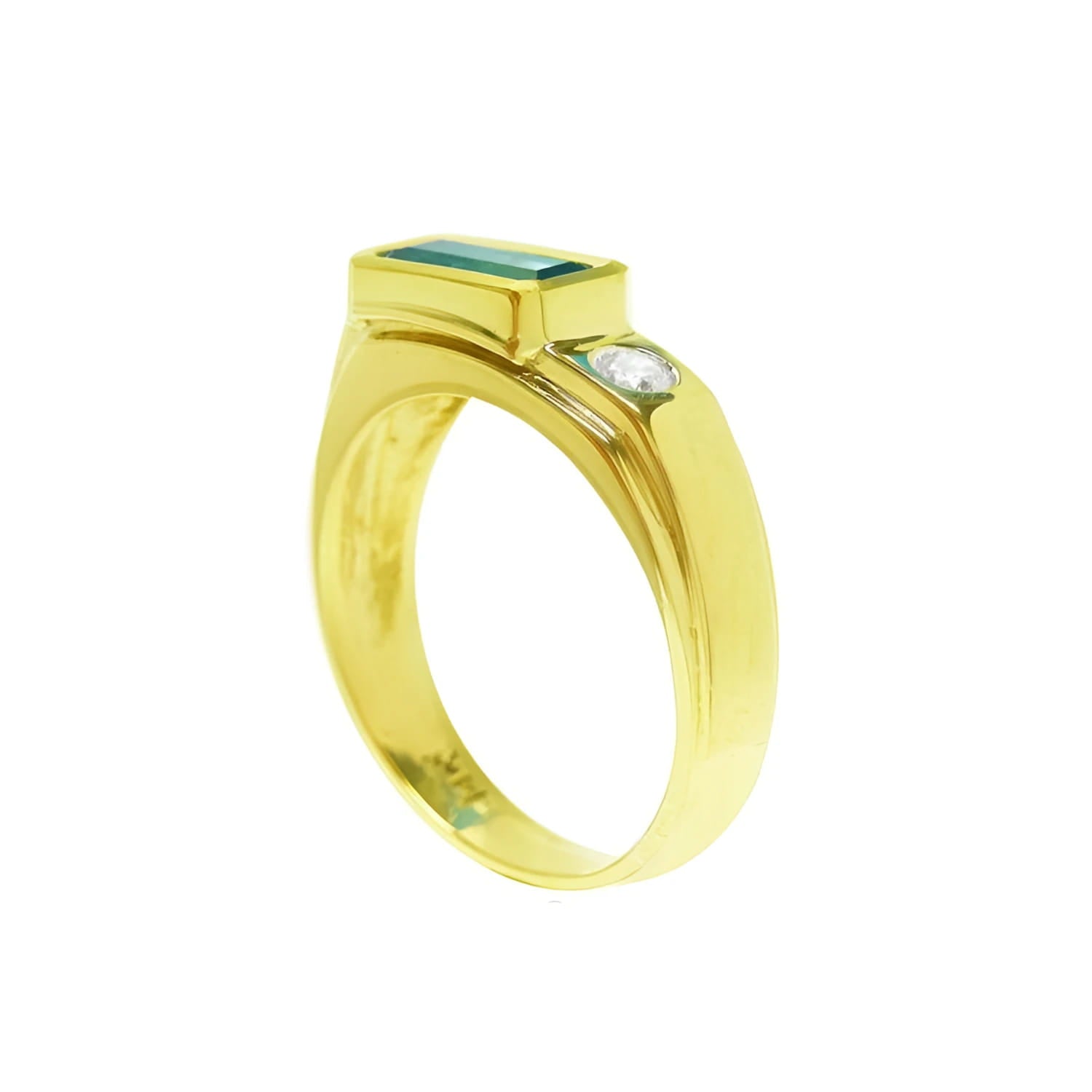 Men's 14K yellow gold ring with a deep green emerald and a side diamond.