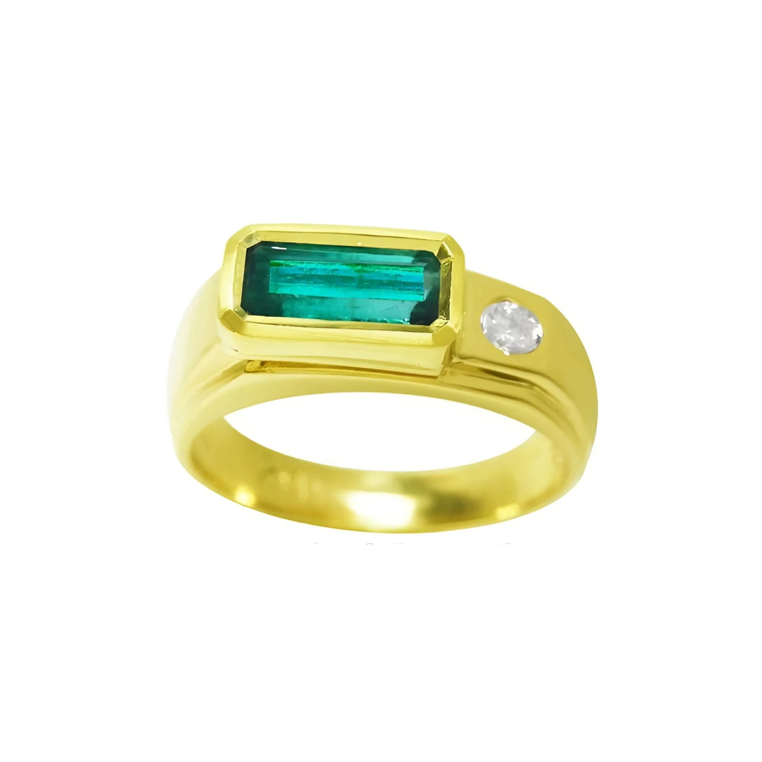 Men's 14K yellow gold ring with a deep green rectangular emerald and a round side diamond.