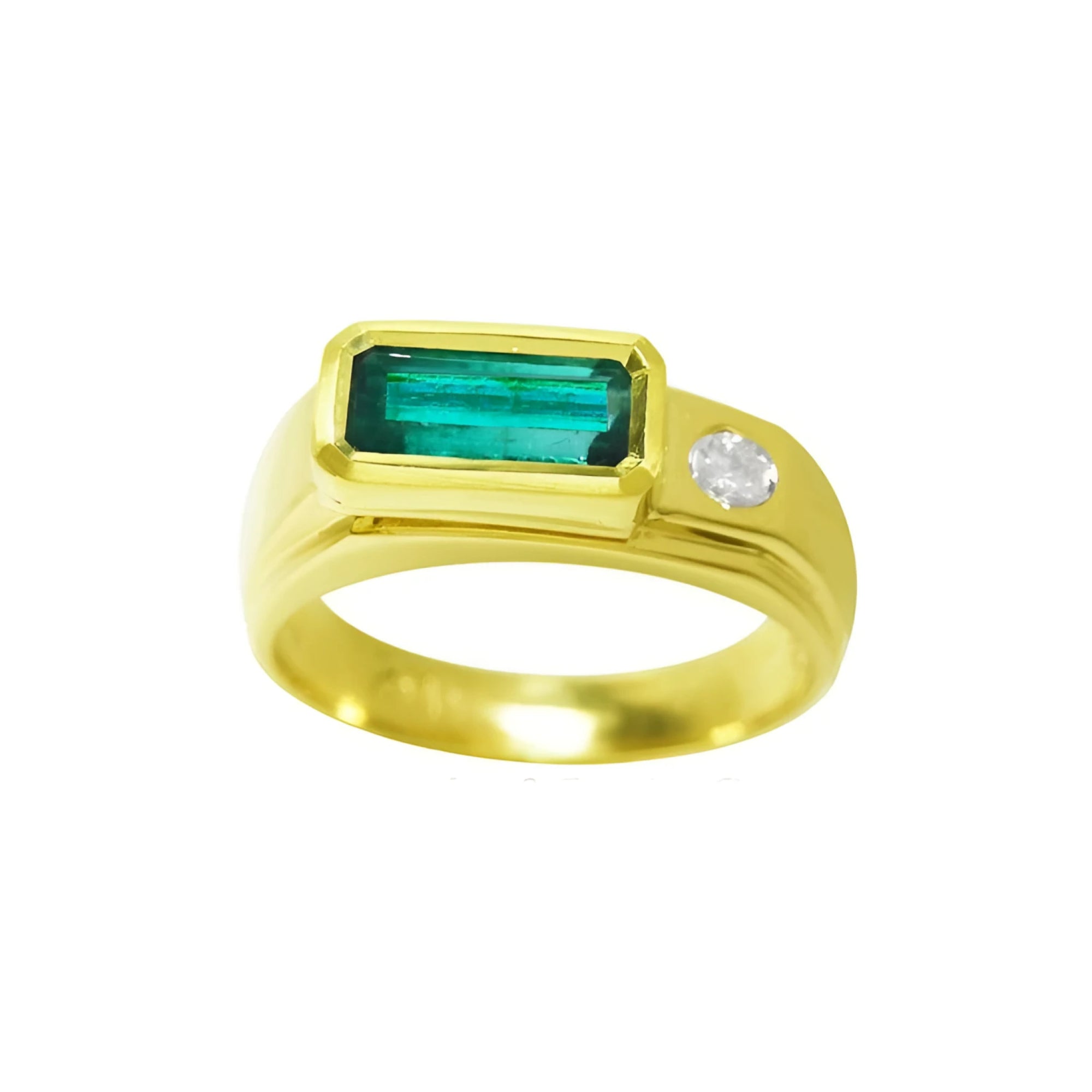 Men's 14K yellow gold ring with a deep green rectangular emerald and a round side diamond.