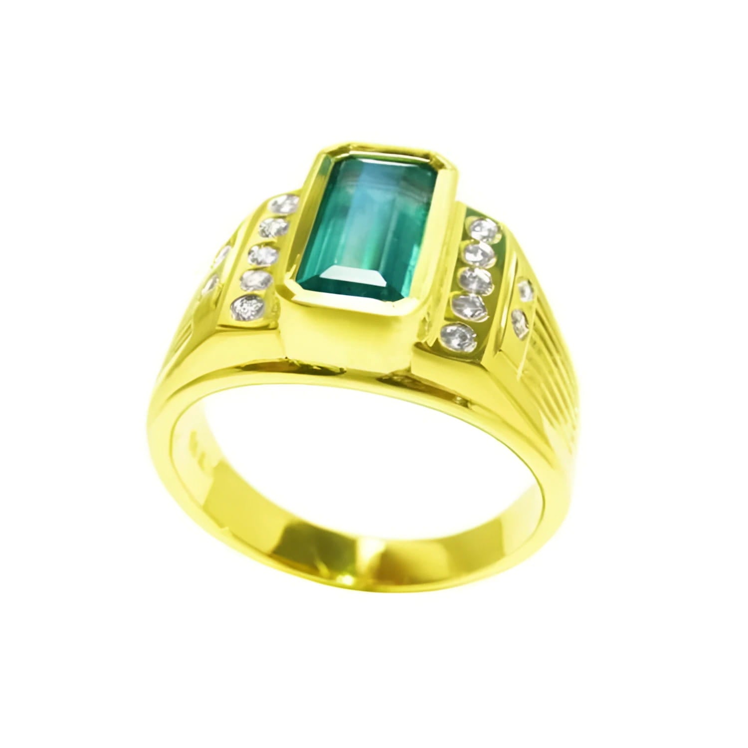 Men's 14K yellow gold ring with a rectangular Colombian emerald and burnish-set diamonds.