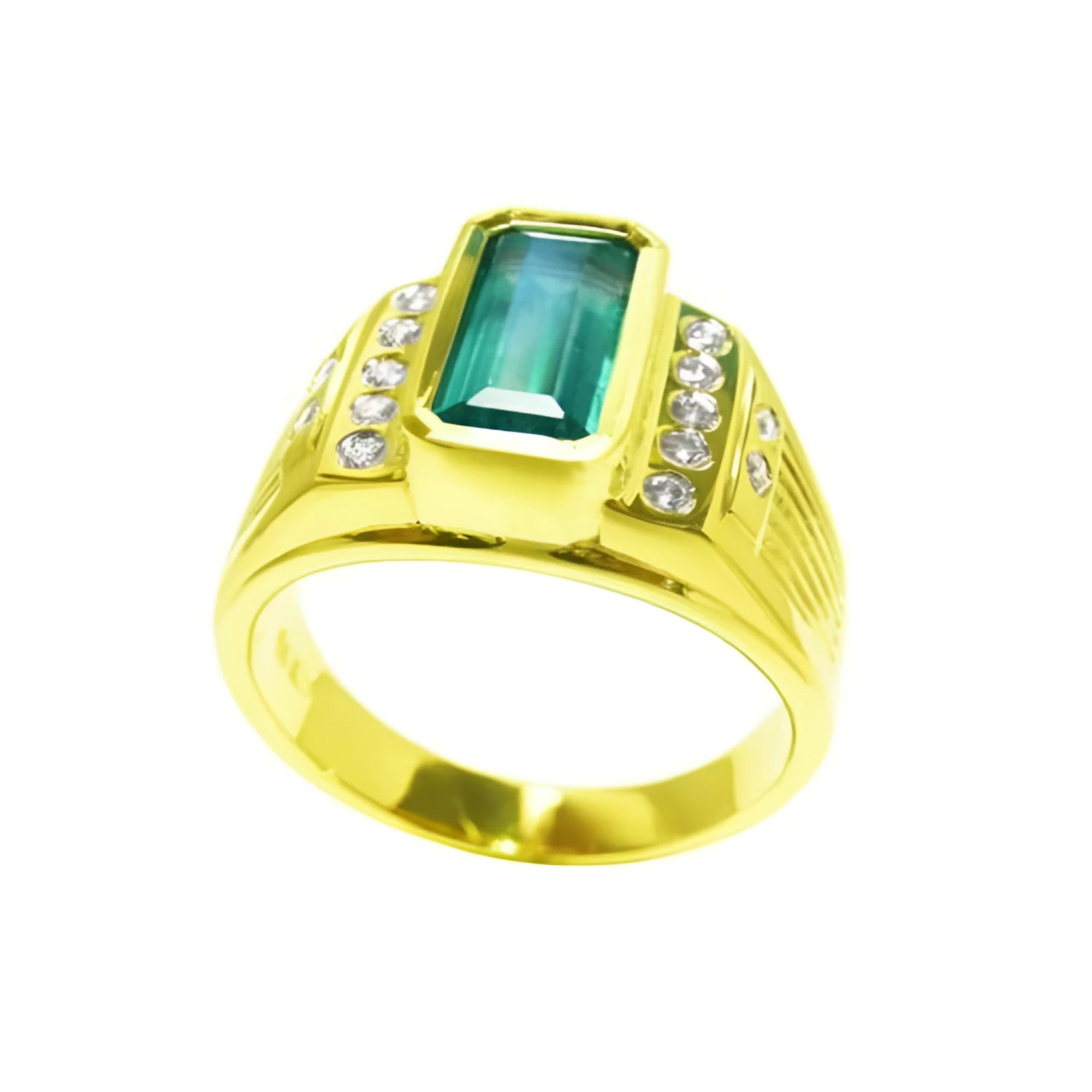 Men's 14K yellow gold ring with a rectangular Colombian emerald and burnish-set diamonds.