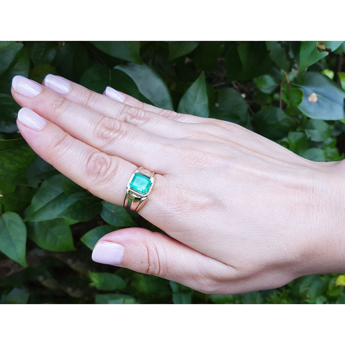 Hand wearing a gold ring for men with a natural emerald against a green leafy background.