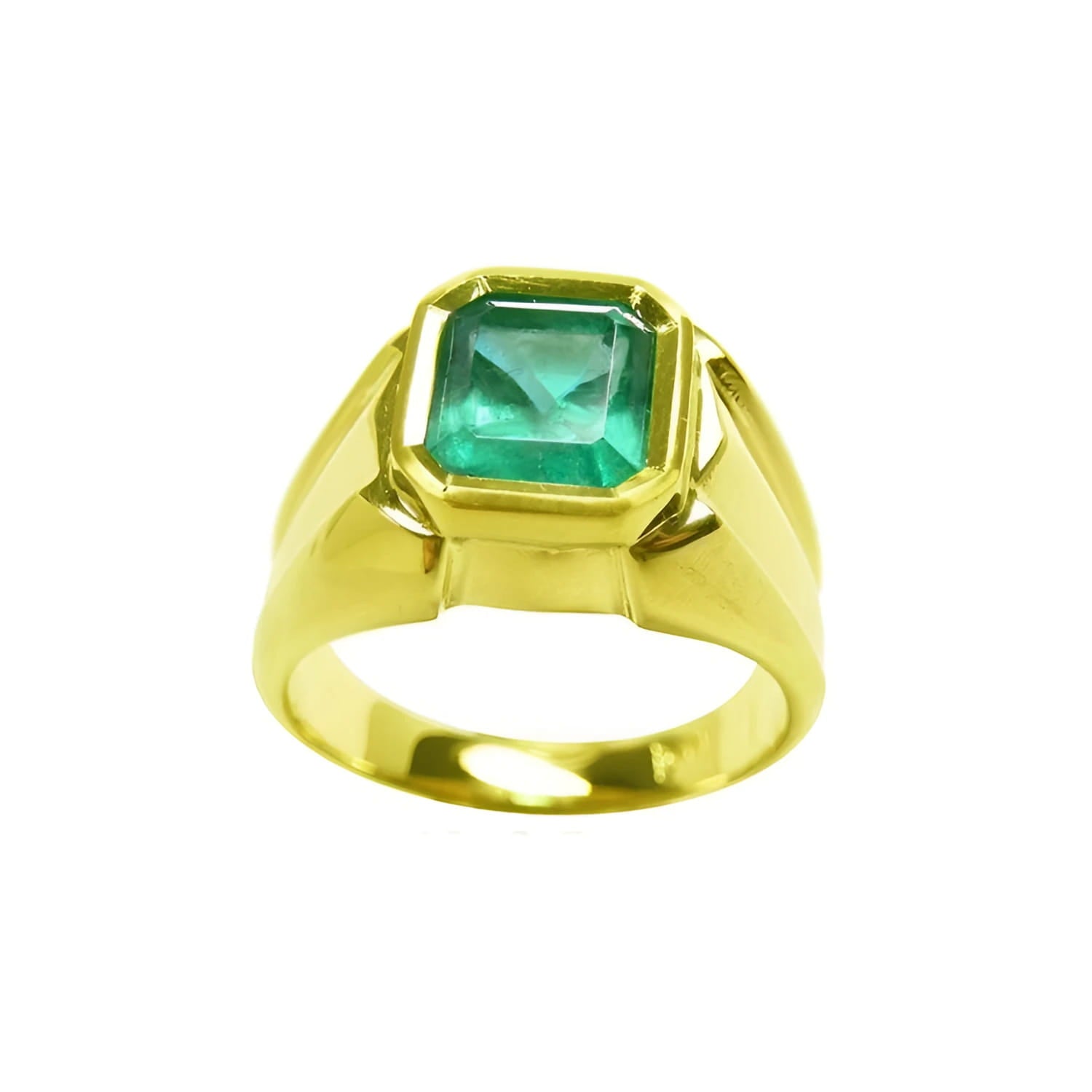 Men's 14K yellow gold solitaire ring with a square emerald-cut, medium green Colombian emerald.