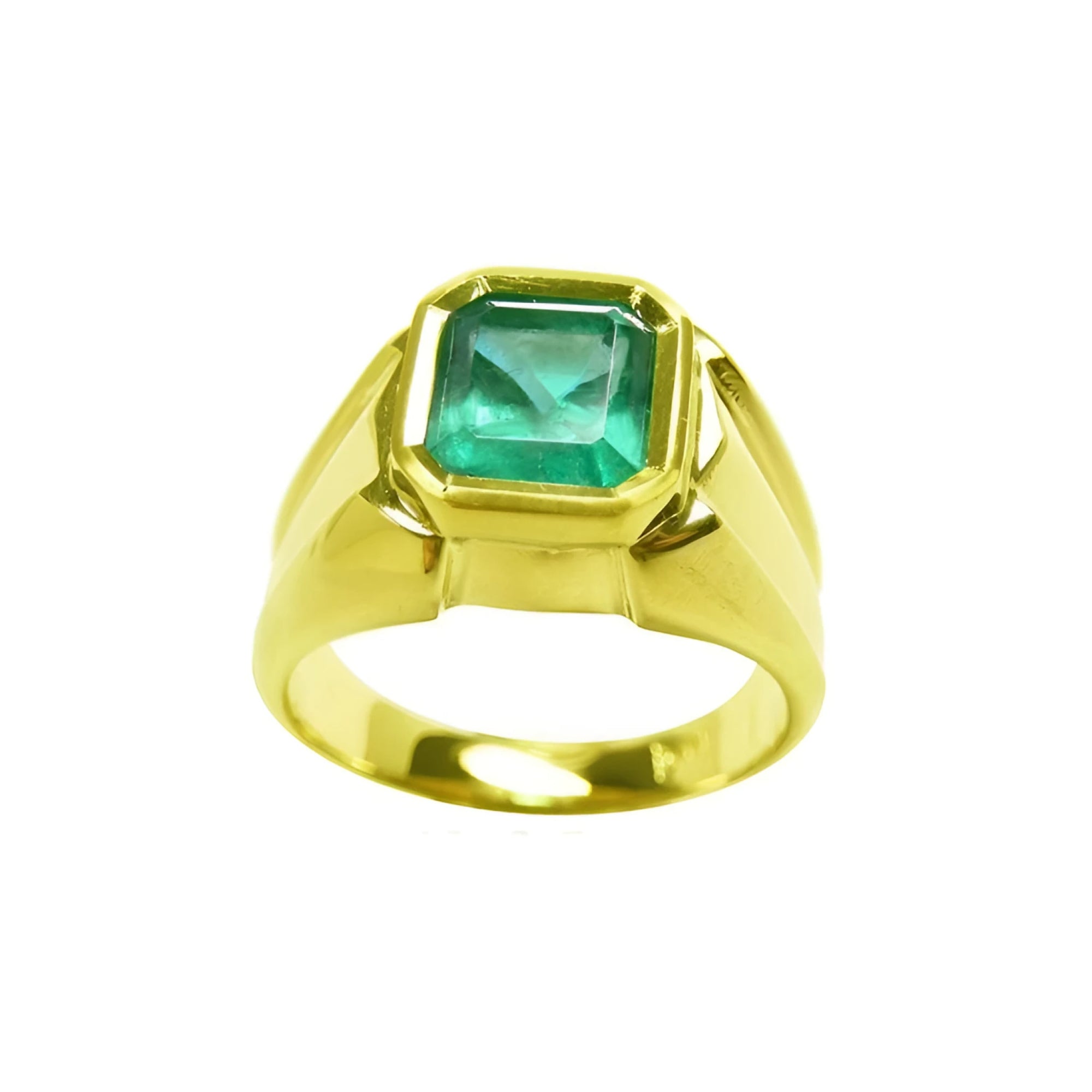 Men's 14K yellow gold solitaire ring with a square emerald-cut, medium green Colombian emerald.