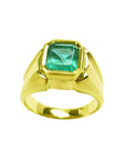 A solitaire mens emerald ring displaying the top and both sides design perspective.