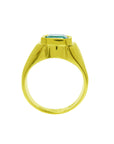 gold men's emerald ring on a lateral position, top setting and side band visibles.