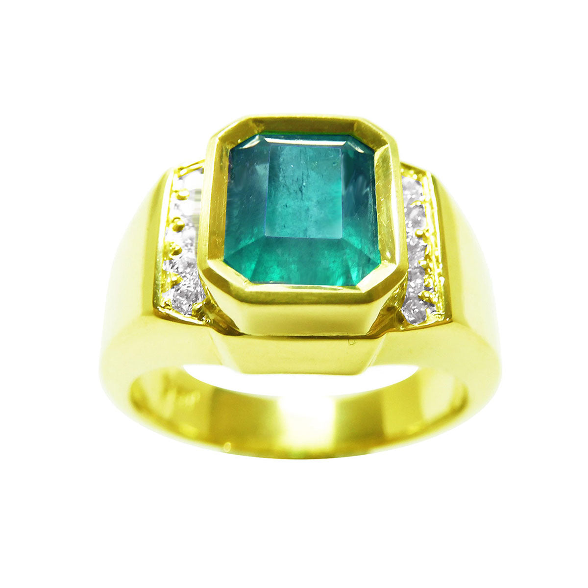 Clearly visible the emerald-cut natural colombian emerald bezel set in this yellow gold men&#39;s ring topside profile.