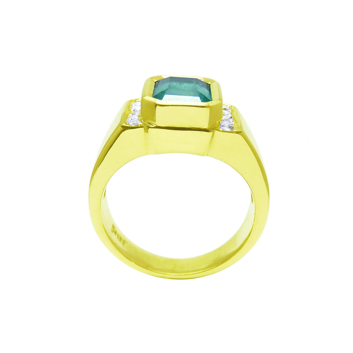Gold ring with a natural colombian emerald and diamond accents on a white background.