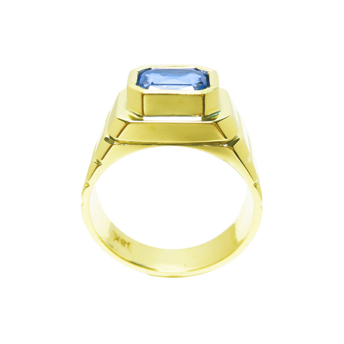 Men&#39;s Natural Sapphire Solitaire Ring 4,09 Carats Bezel Set Crafted in 18k Yellow Gold