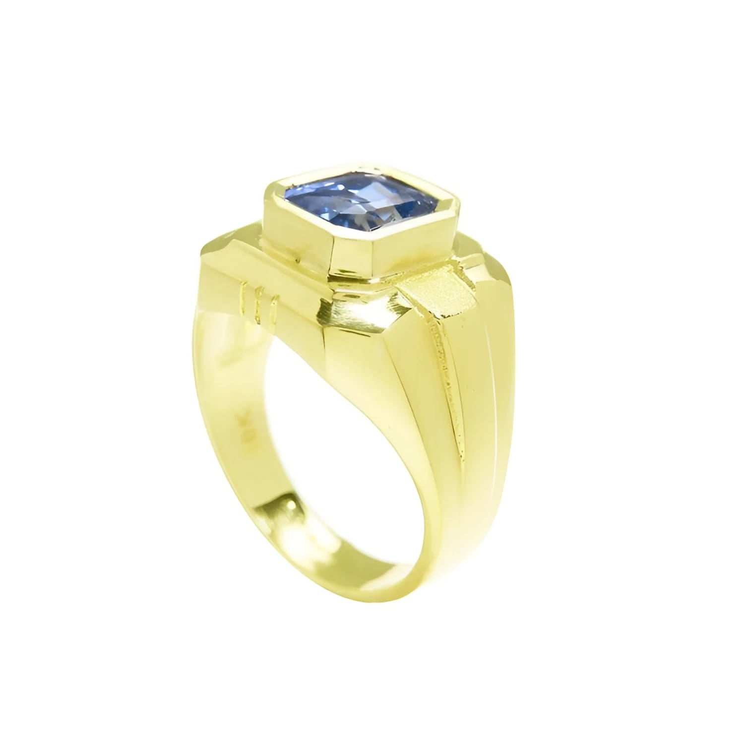 Men's 18K yellow gold solitaire ring with a bezel-set, octagonal vivid blue sapphire.
