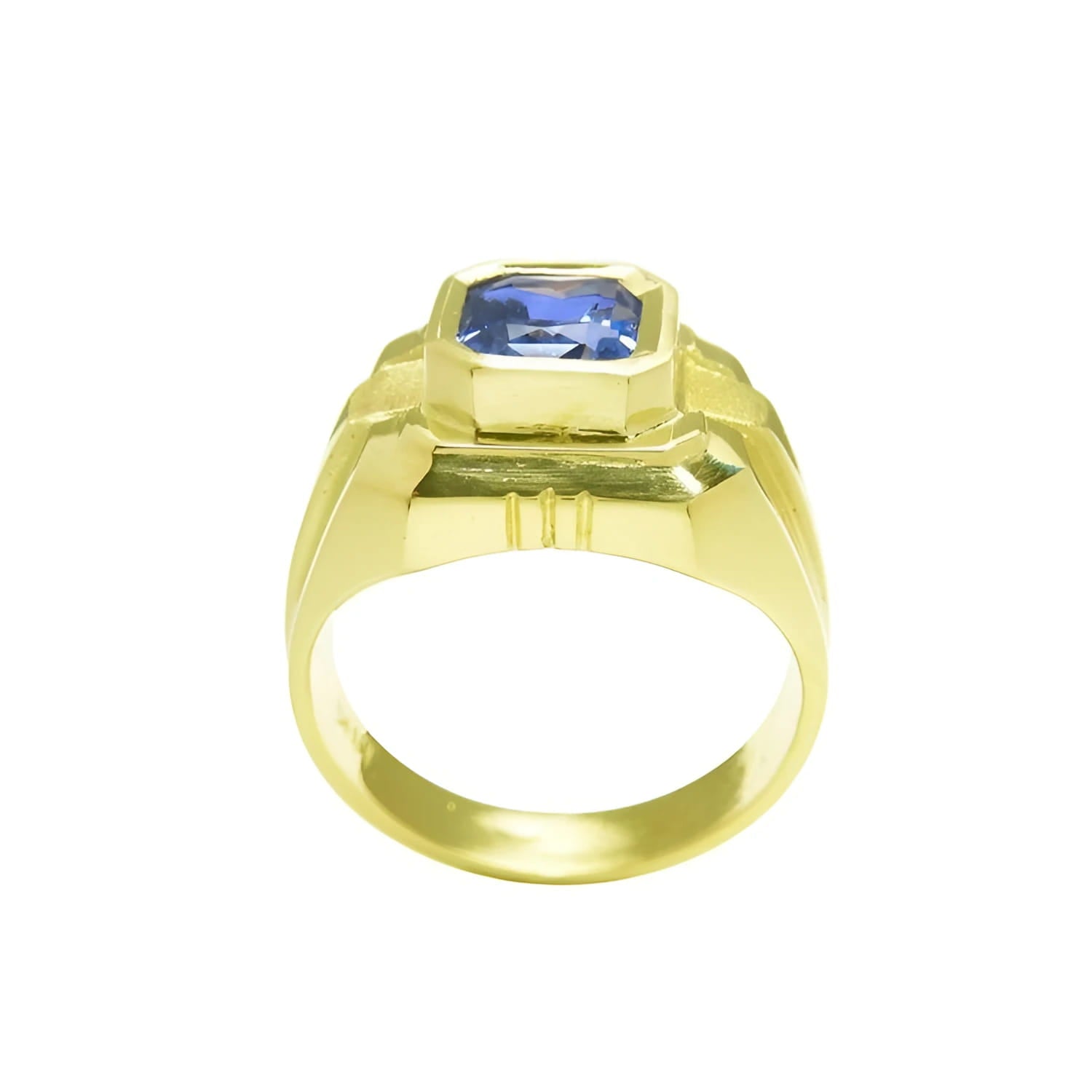 Men's 18K yellow gold ring with a vivid blue octagonal sapphire, bezel set.
