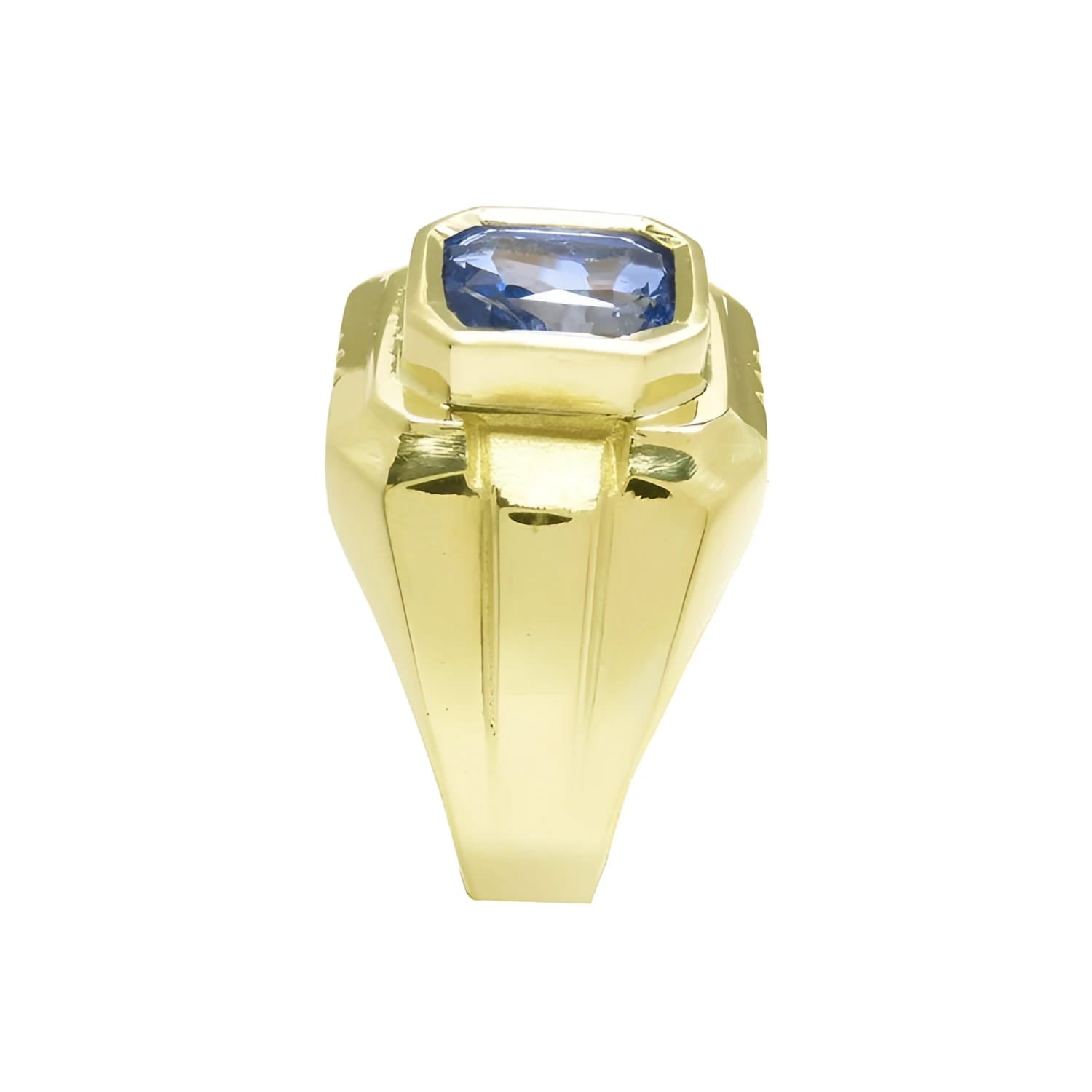 Men's 18K yellow gold ring with a bezel-set, octagonal vivid blue sapphire.