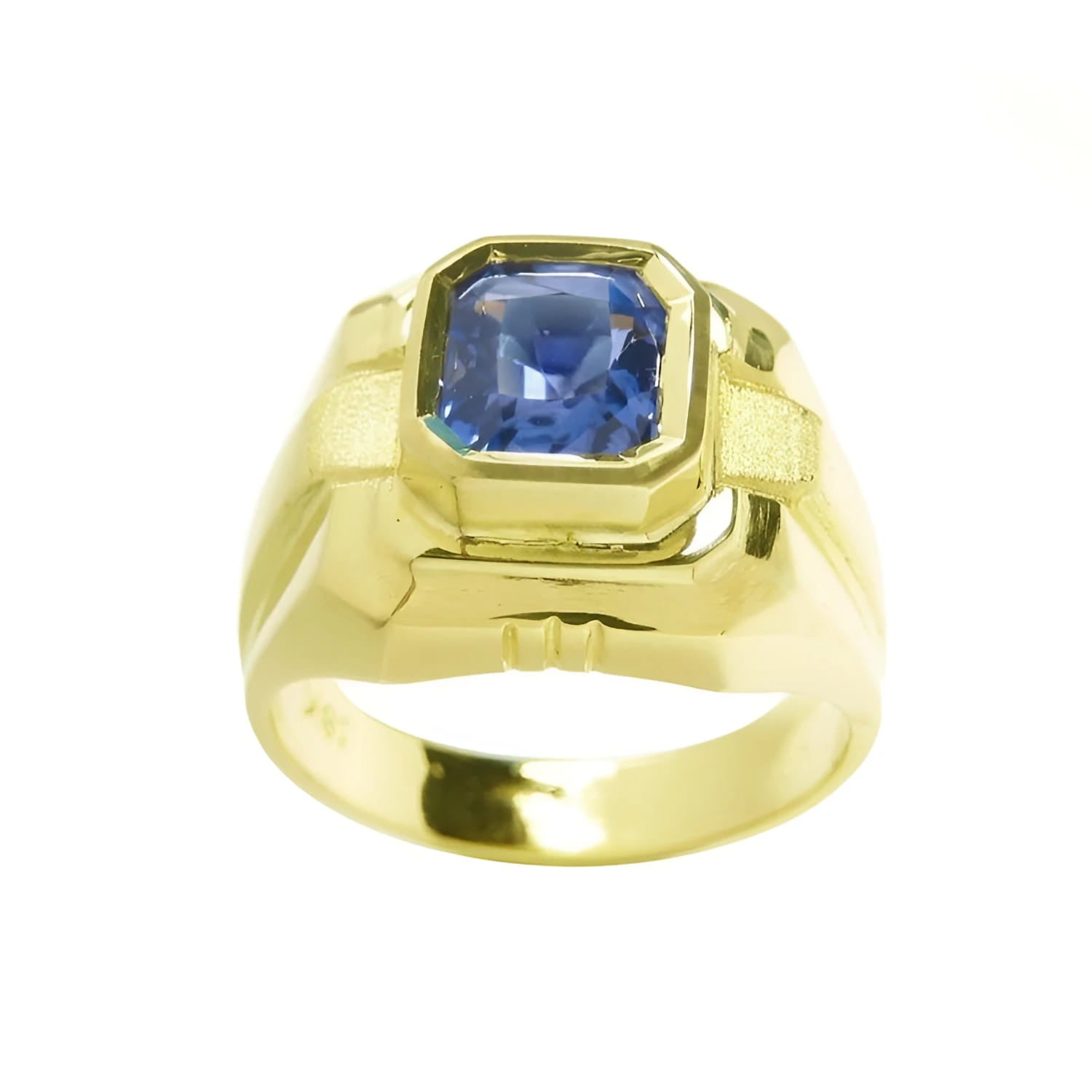 Men's 18K yellow gold solitaire ring with a vivid blue octagonal sapphire.