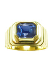Men's natural sapphire solitaire ring bezel set crafted in 18k yellow gold, GIA certified with an octagonal emerald step cut.