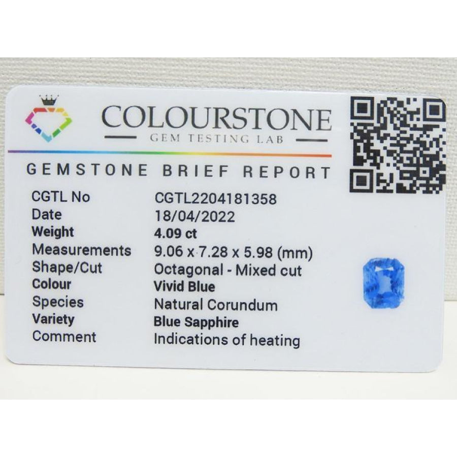 Colourstone Gemstone Brief Report for a vivid blue, octagonal-mixed cut sapphire.