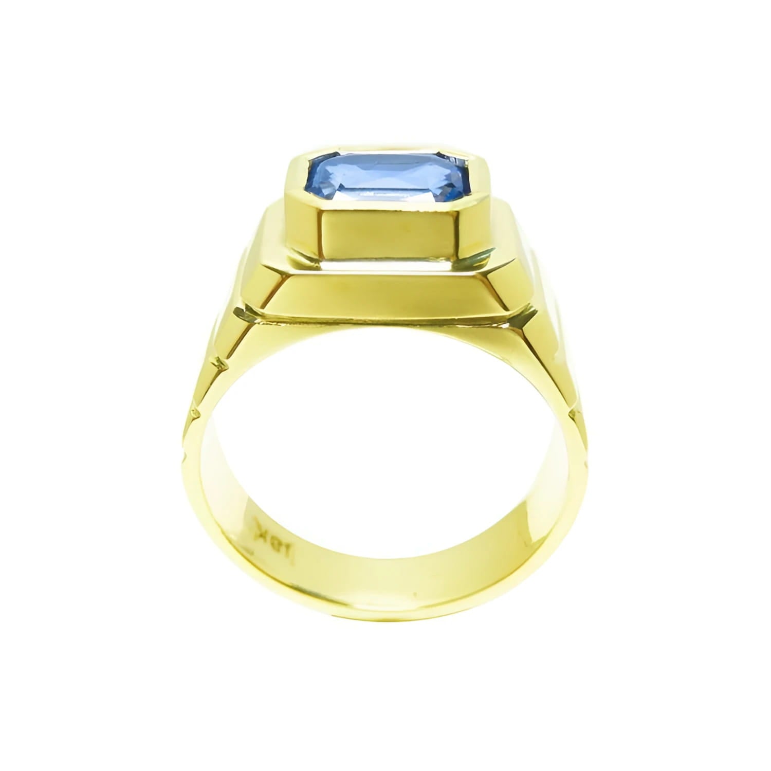 Men's 18k yellow gold ring with a bezel-set, octagonal blue sapphire.