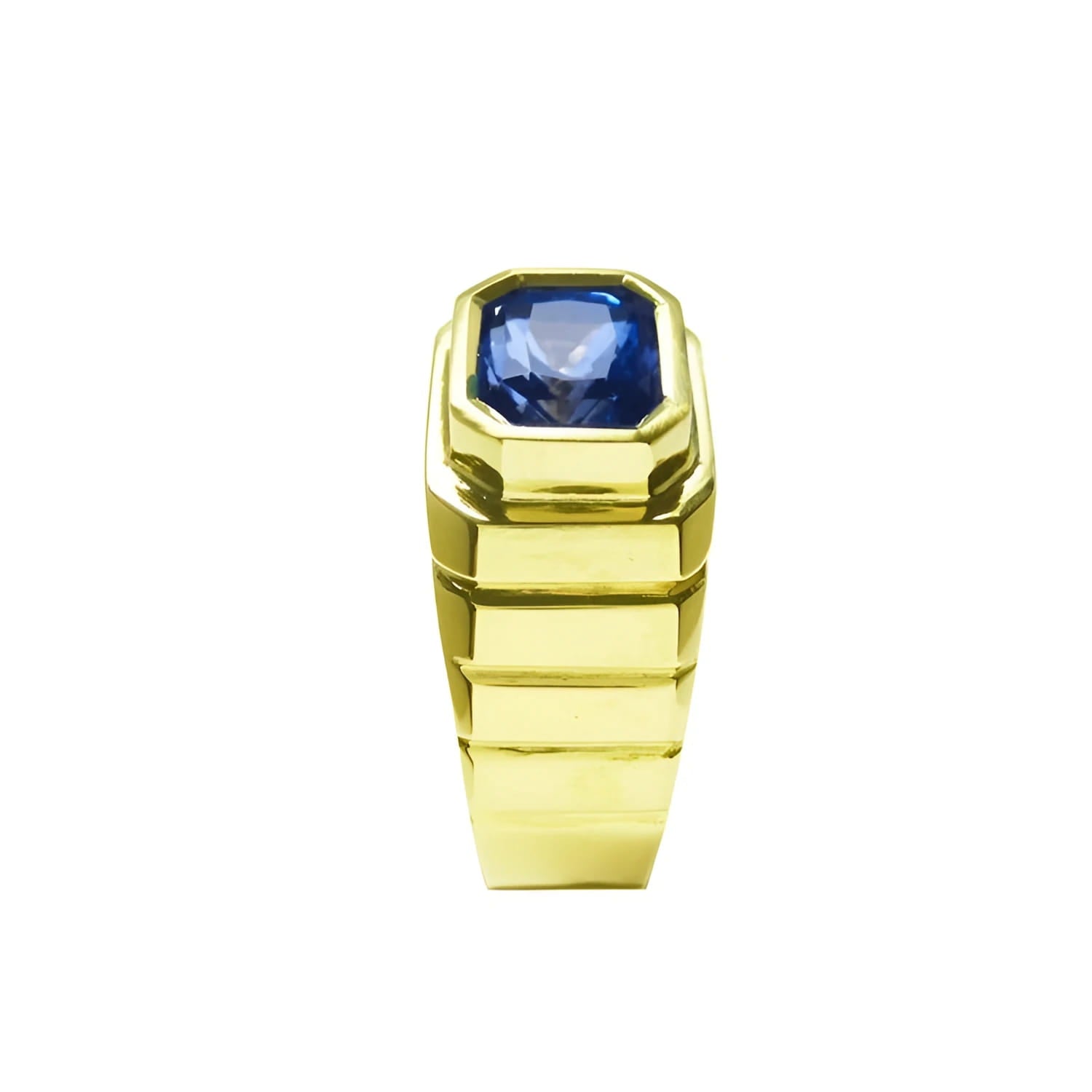 Men's 18k yellow gold ring with a bezel-set, octagonal blue sapphire.