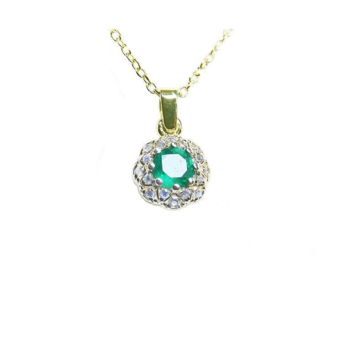 Colombian round cut emerald halo diamond minimalist necklace 14K yellow gold
