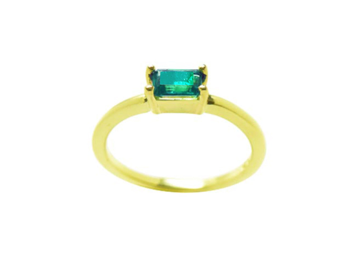 This colombian minimalist solitaire emerald ring displays the top and lateral profile.