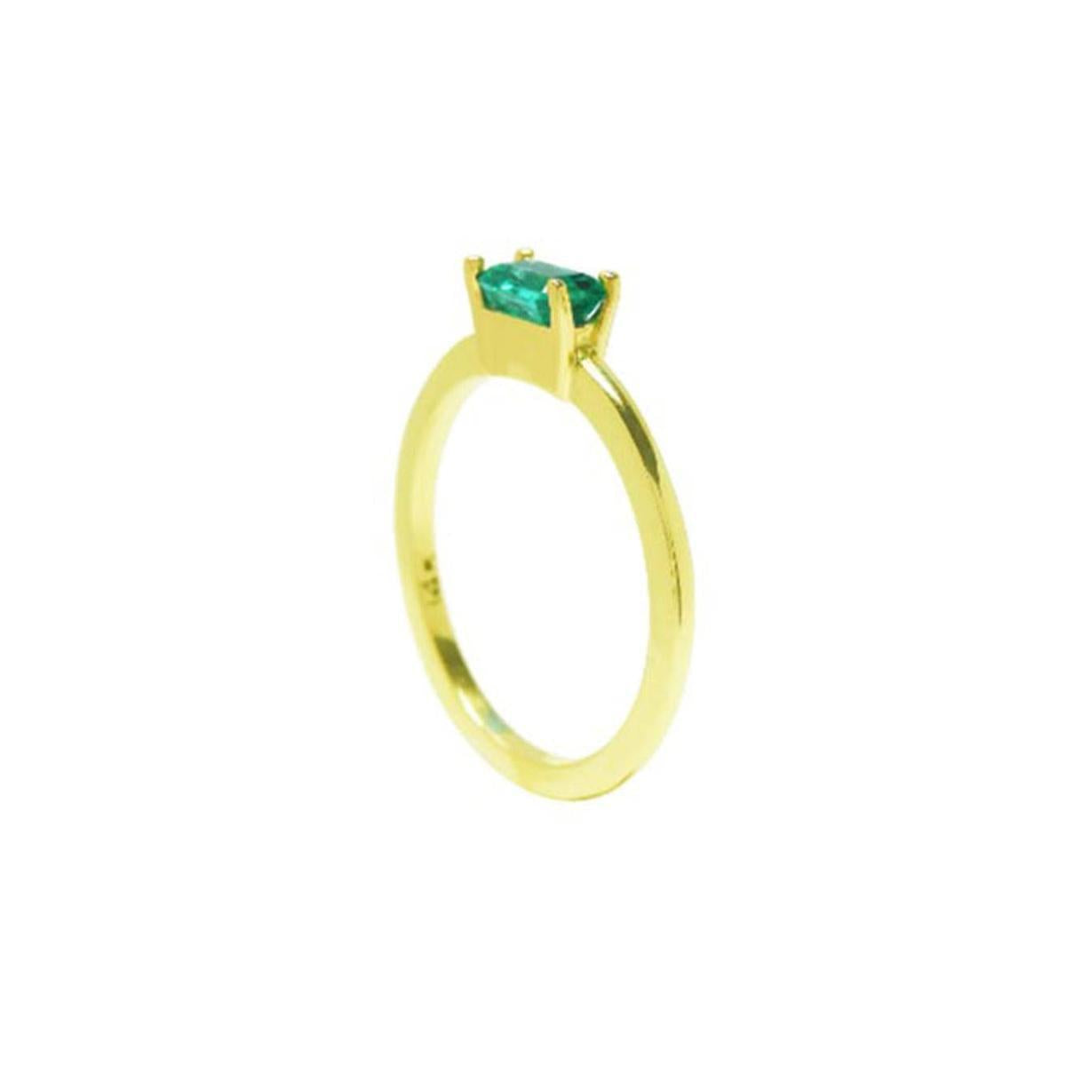A yellow gold minimalist solitaire emerald ring in its side position.