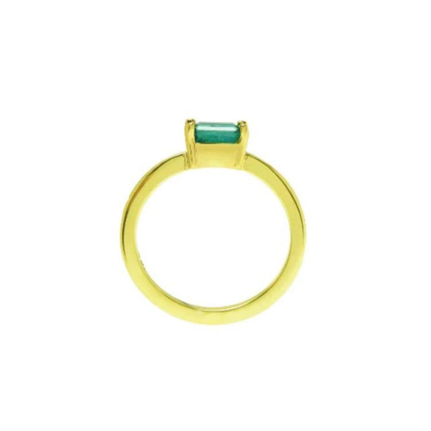 Minimalist 14K yellow gold ring with a horizontal emerald-cut green solitaire.
