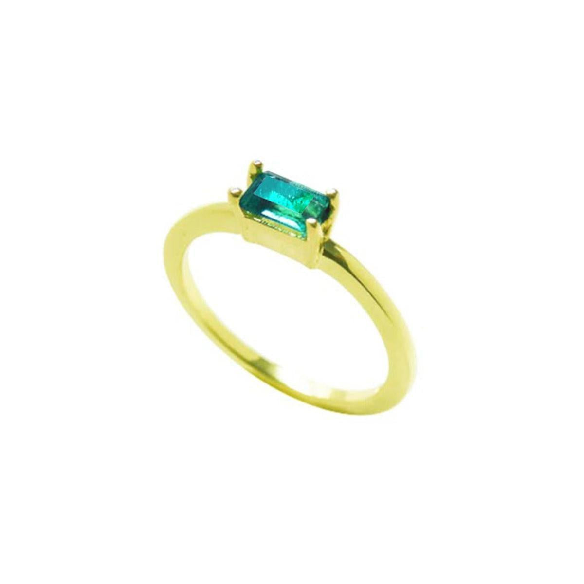 This 14k minimalist solitaire emerald ring is displaying the top and side profile.