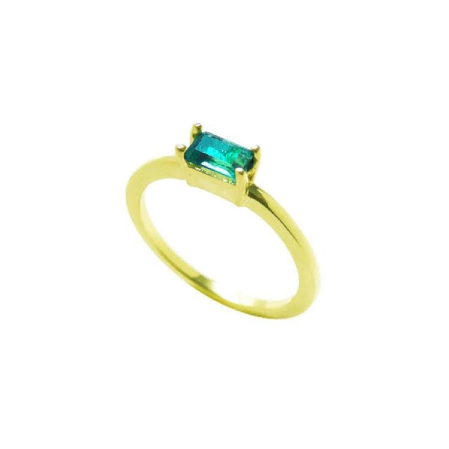 Minimalist 14K yellow gold ring with an east-west prong-set rectangular emerald.