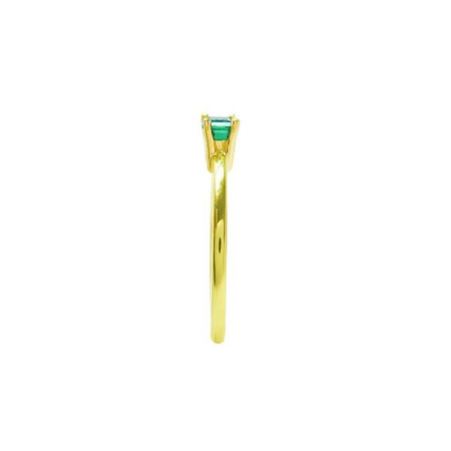 Minimalist 14K yellow gold ring with a prong-set, east-west oriented emerald solitaire.