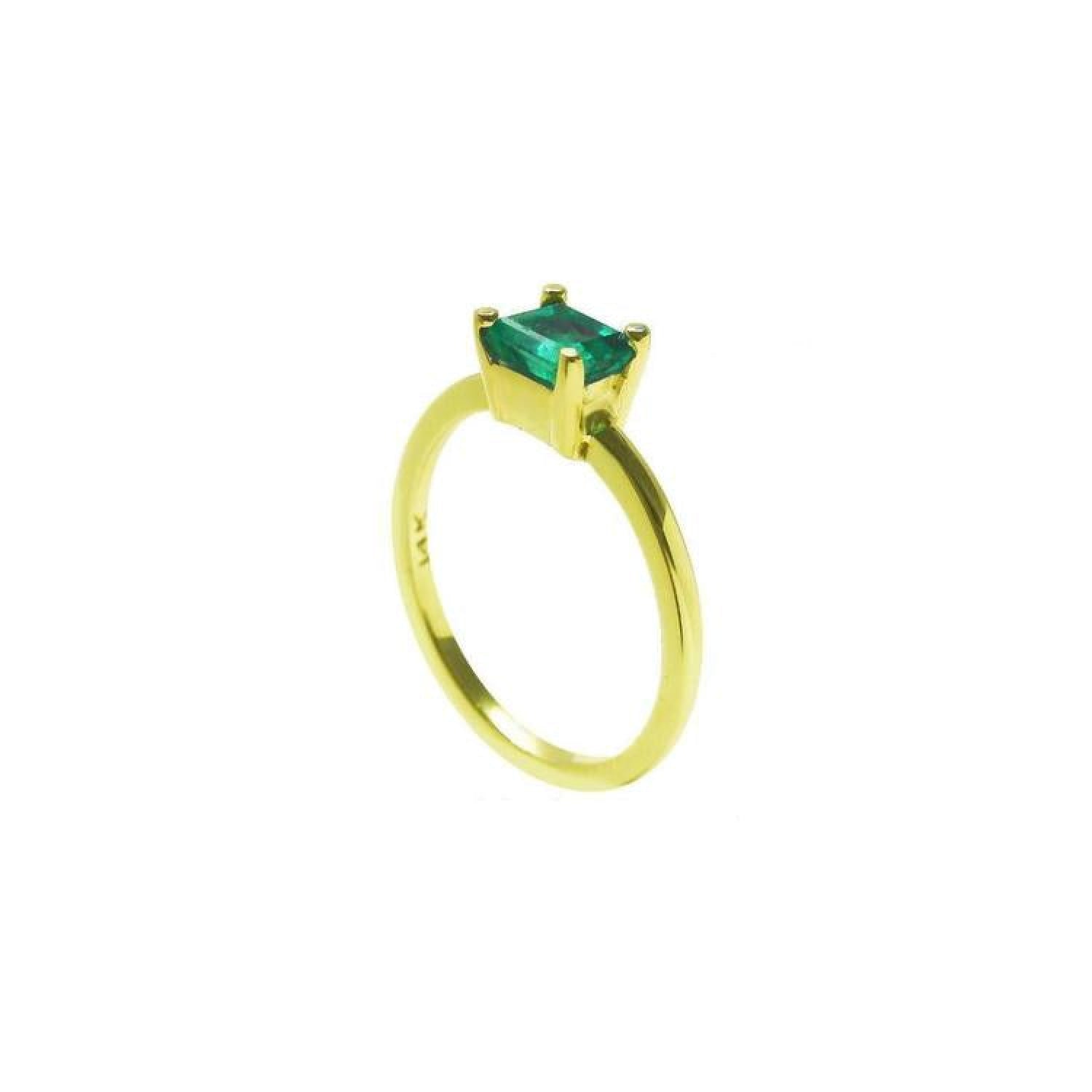 Minimalist 14K yellow gold ring with a prong-set, rectangular natural Colombian emerald.
