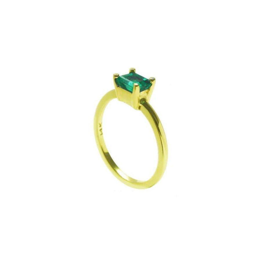 Minimalist 14K yellow gold ring with a prong-set, rectangular natural Colombian emerald.