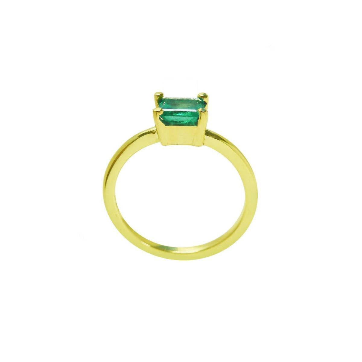 A lateral view of a minimalist emerald solitaire ring representing May's birthstone jewelry.