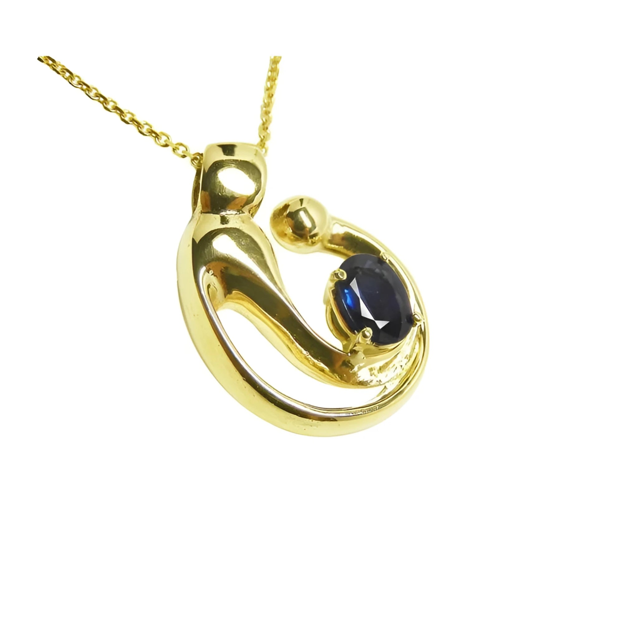 Mother and child sapphire necklace slider pendant crafted in 14k yellow gold.
