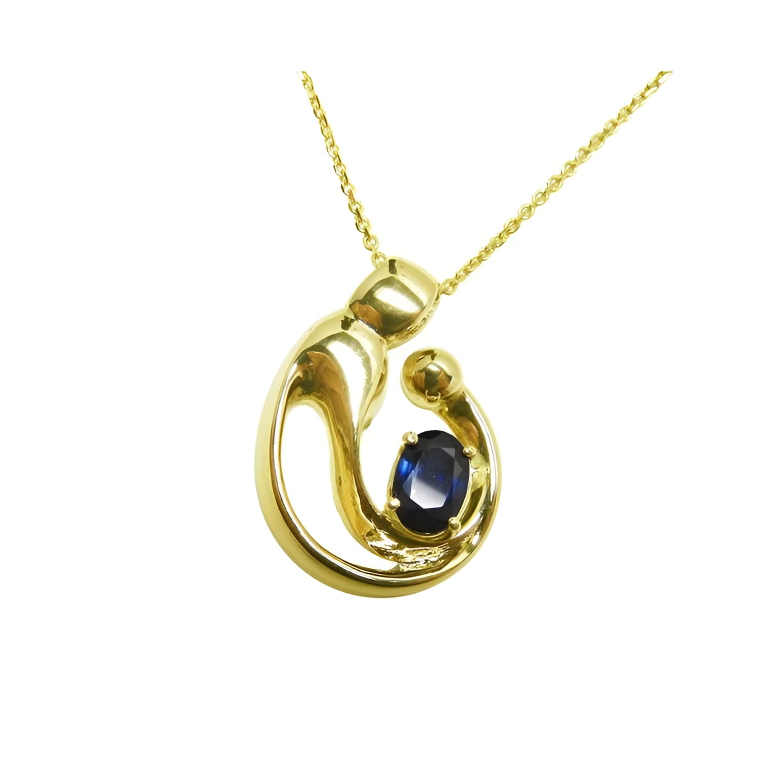 14K yellow gold mother and child slider pendant necklace with an oval blue sapphire.