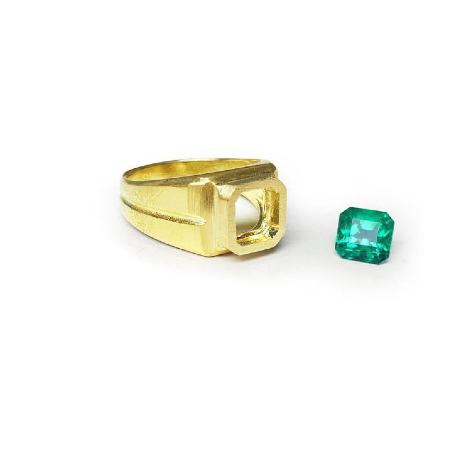 18K yellow gold bezel setting ring with a separate 1.53 ct. square Colombian emerald.
