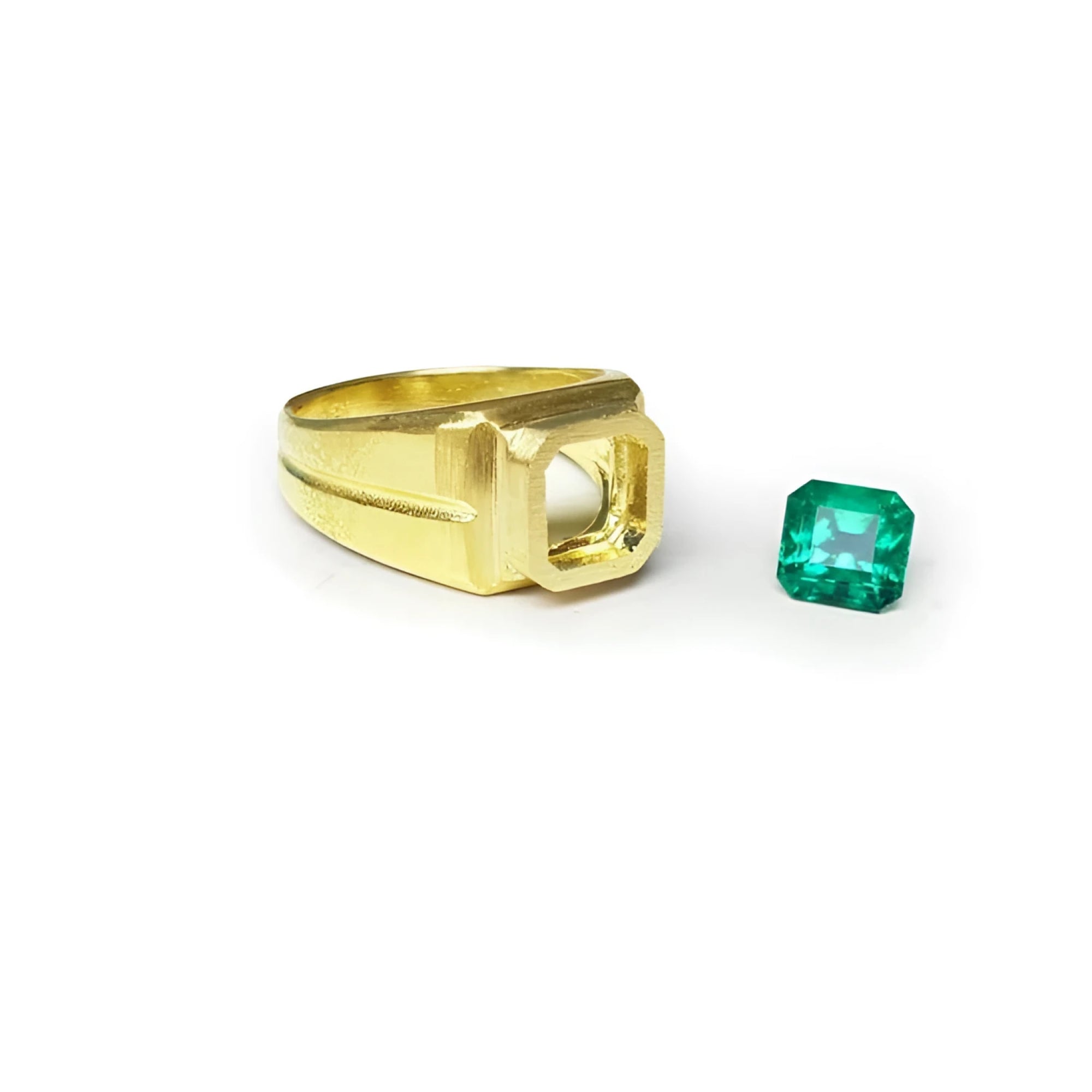 18K yellow gold bezel setting ring with a separate 1.53 ct. square Colombian emerald.