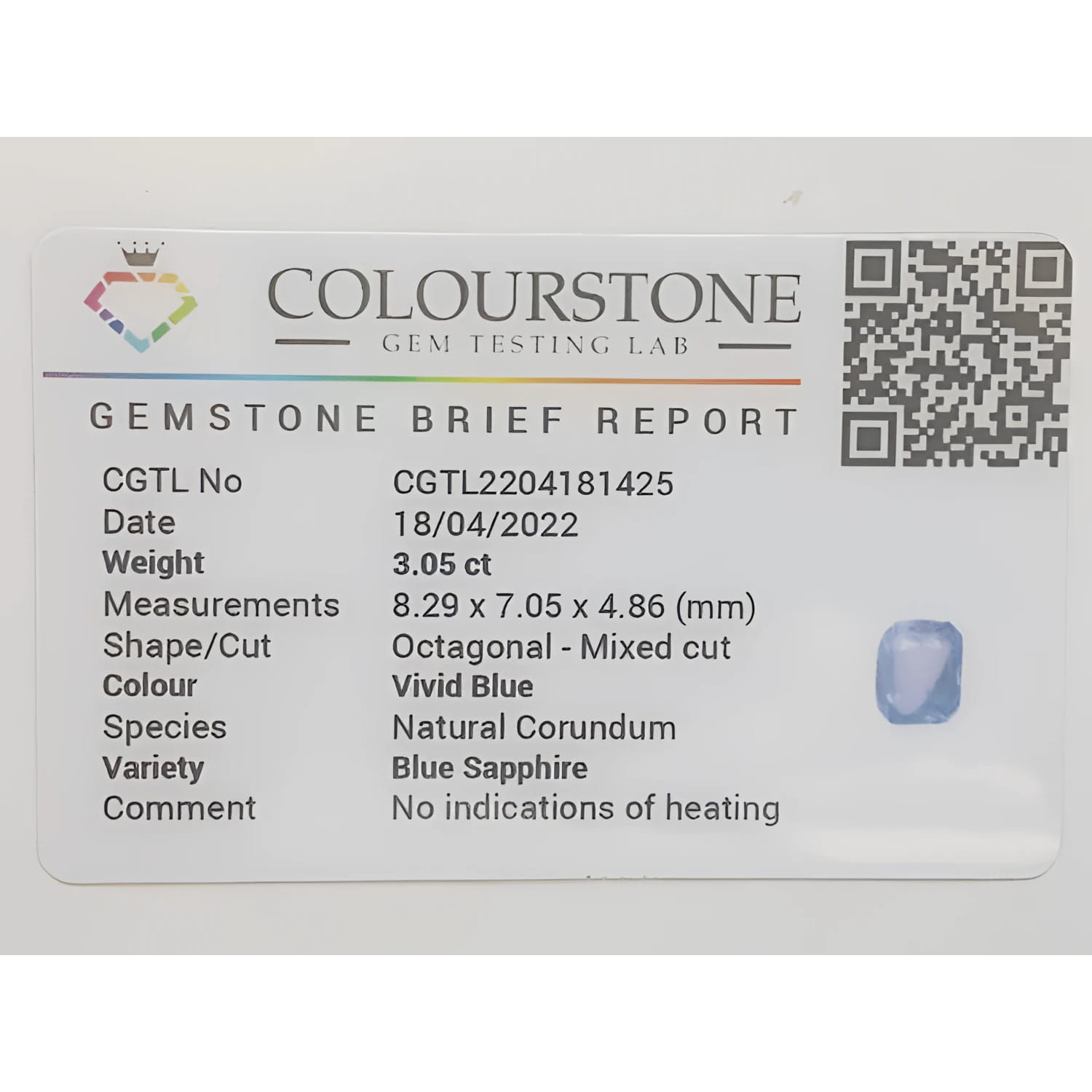 Colourstone Gem Testing Lab report for a 3.05 ct vivid blue octagonal sapphire.
