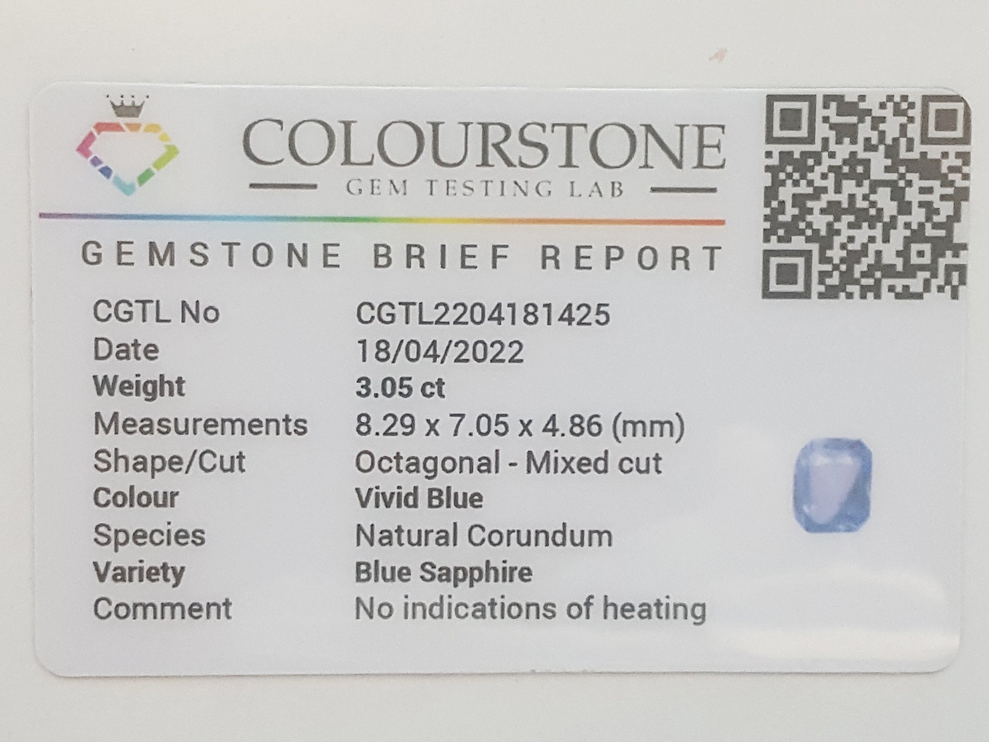Colourstone gemstone testing lab report for a blue sapphire