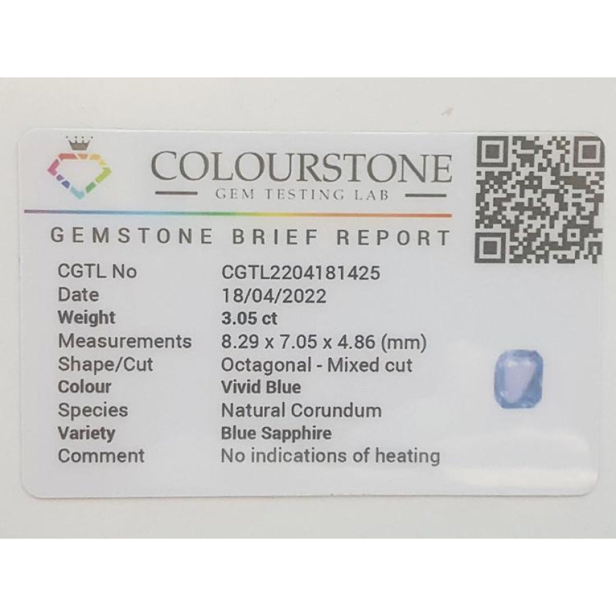 Colourstone Gem Testing Lab report for a 3.05 ct vivid blue octagonal sapphire.