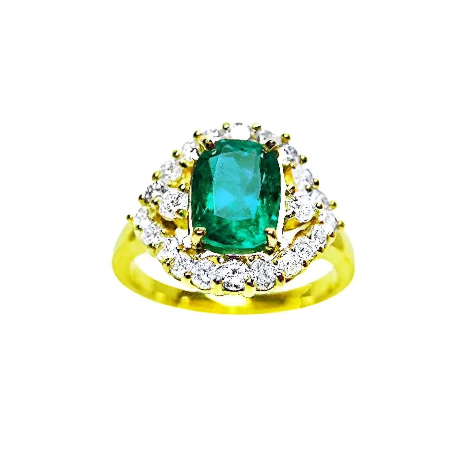 A 14K yellow gold ring featuring a Muzo Colombian emerald surrounded by a halo of diamonds, showcased from a topside perspective.