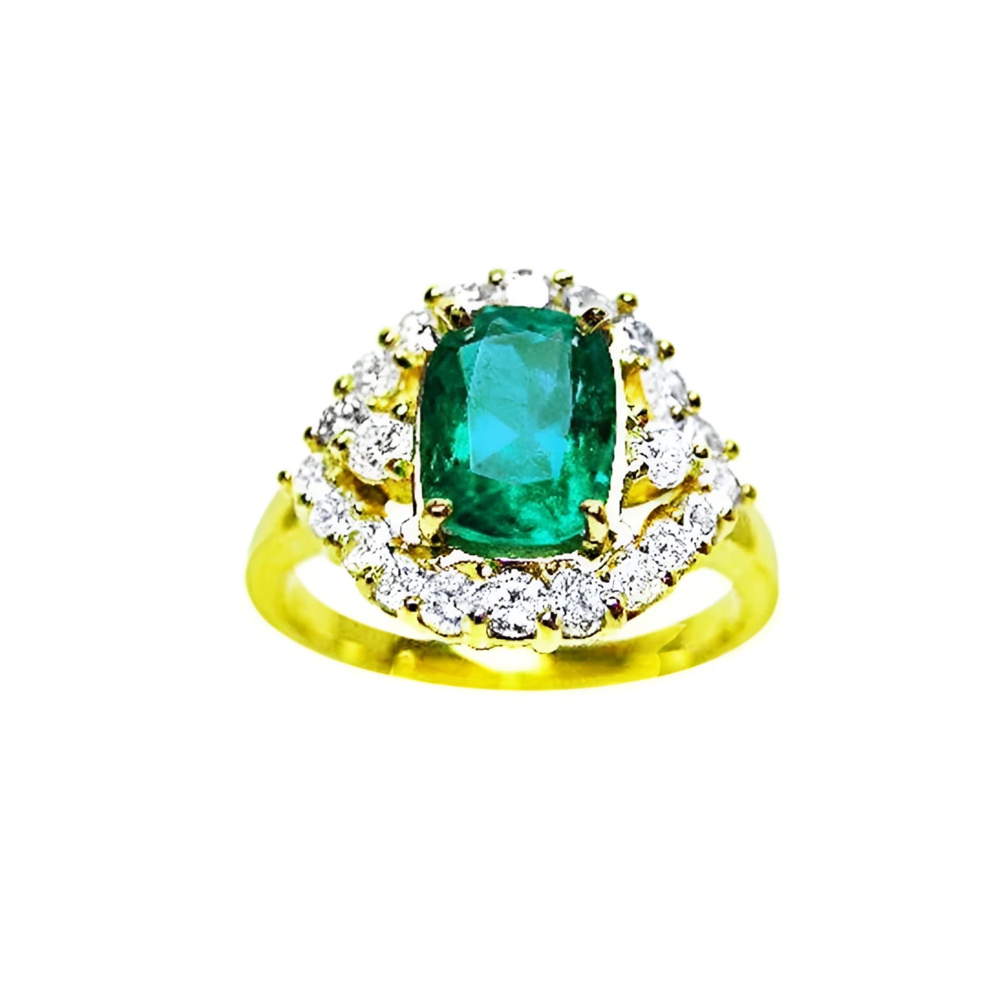 A 14K yellow gold ring featuring a Muzo Colombian emerald surrounded by a halo of diamonds, showcased from a topside perspective.