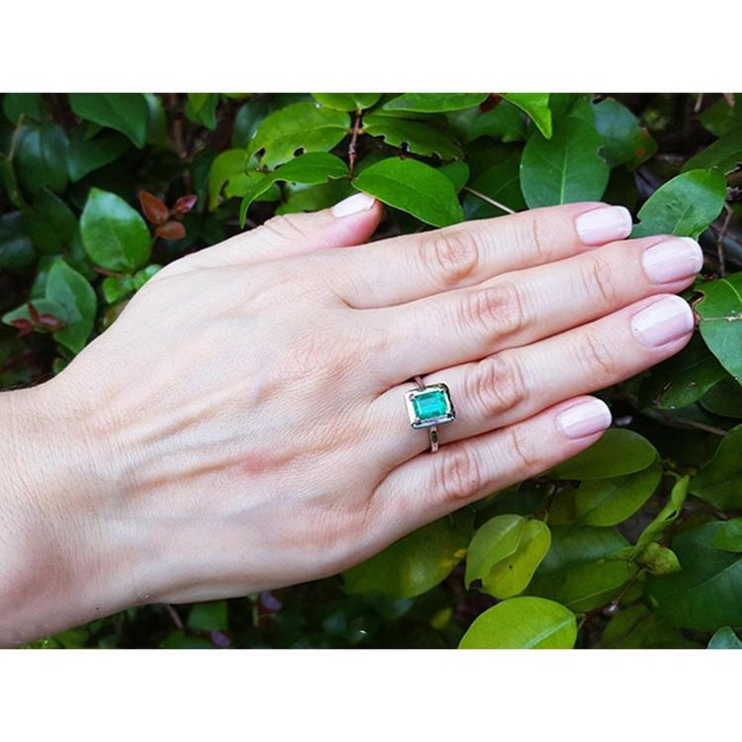 1.50 carat Muzo Colombian emerald solitaire ring in 18K white gold on a hand.