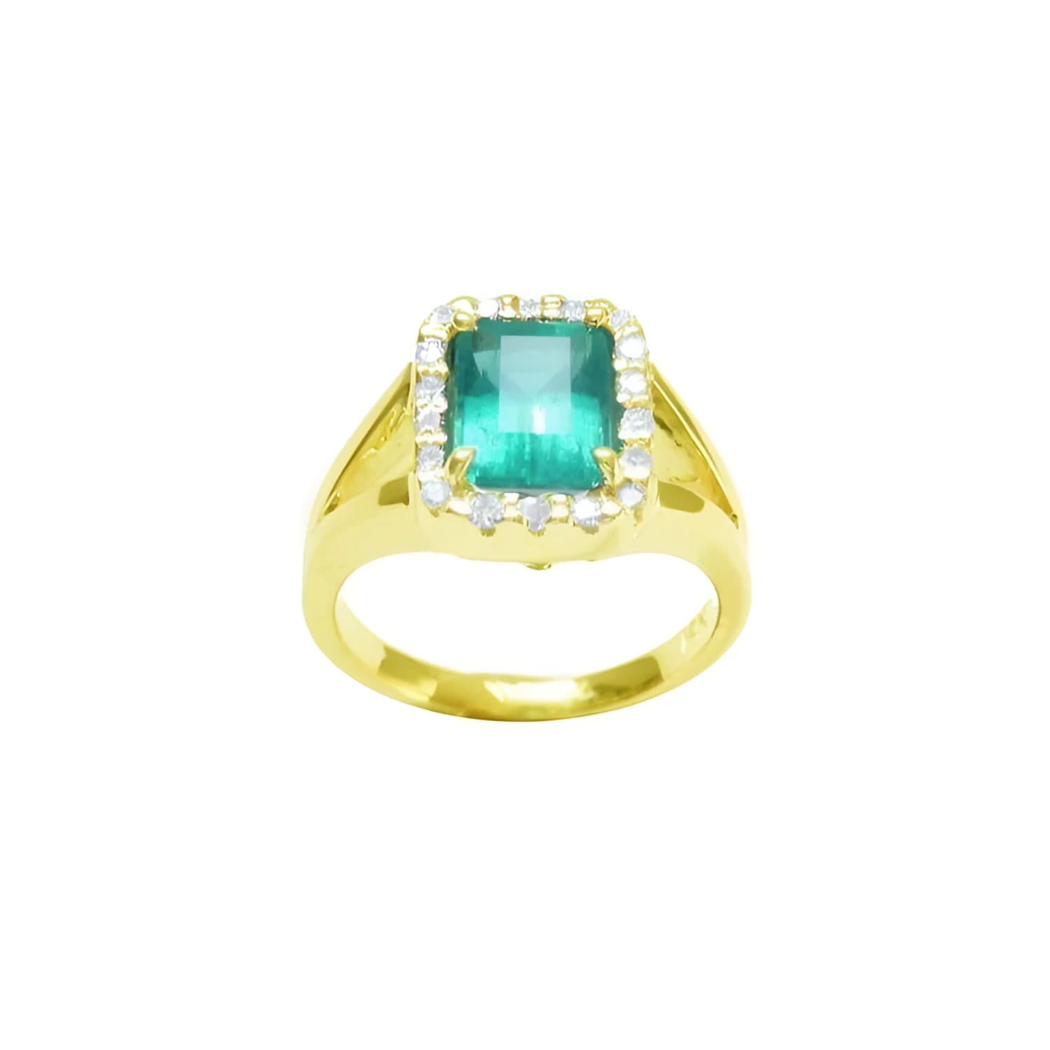 1.68 ct emerald-cut Muzo Colombian emerald ring with diamond halo and split shank in 14k yellow gold.
