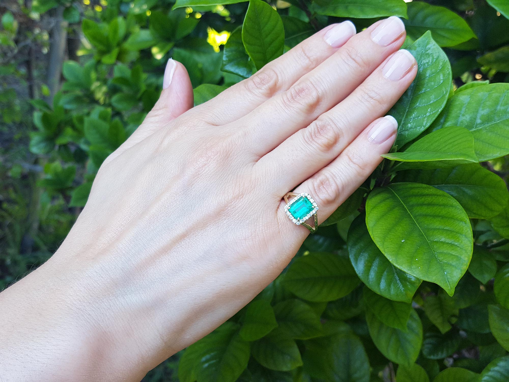 Hand wearing a May&#39;s birthstone ring for women against a leafy background.