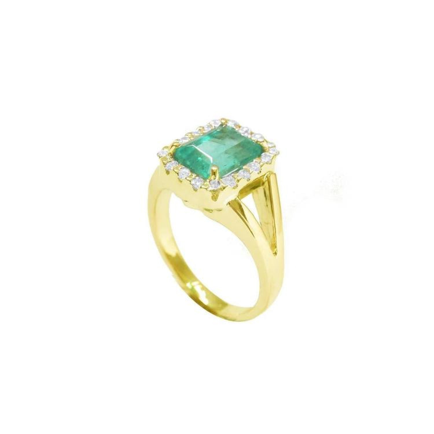 1.68 ct emerald-cut Muzo Colombian emerald ring with diamond halo and split shank 14k yellow gold.