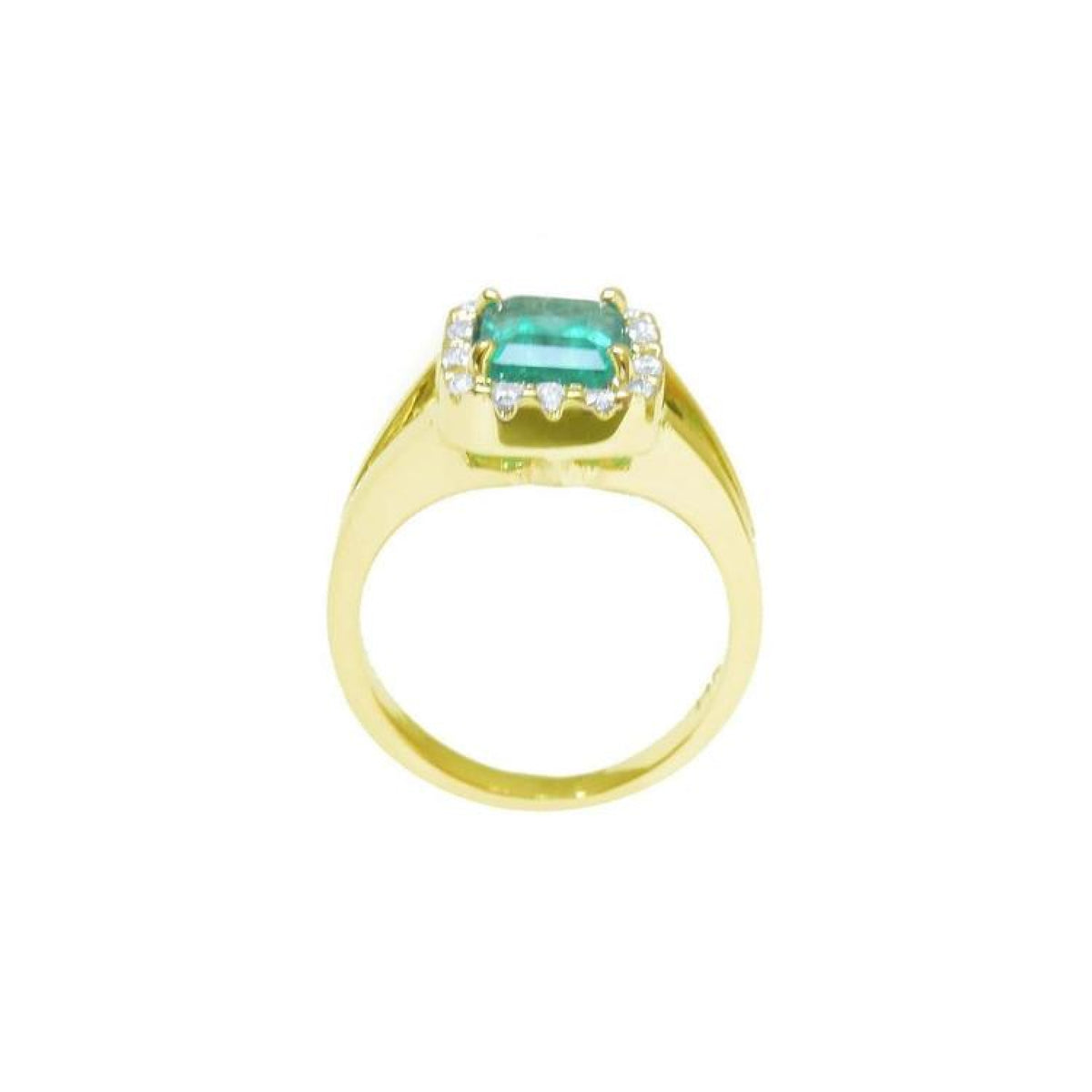 14k yellow gold ring with emerald-cut Muzo Colombian emerald, diamond halo, and split shank.
