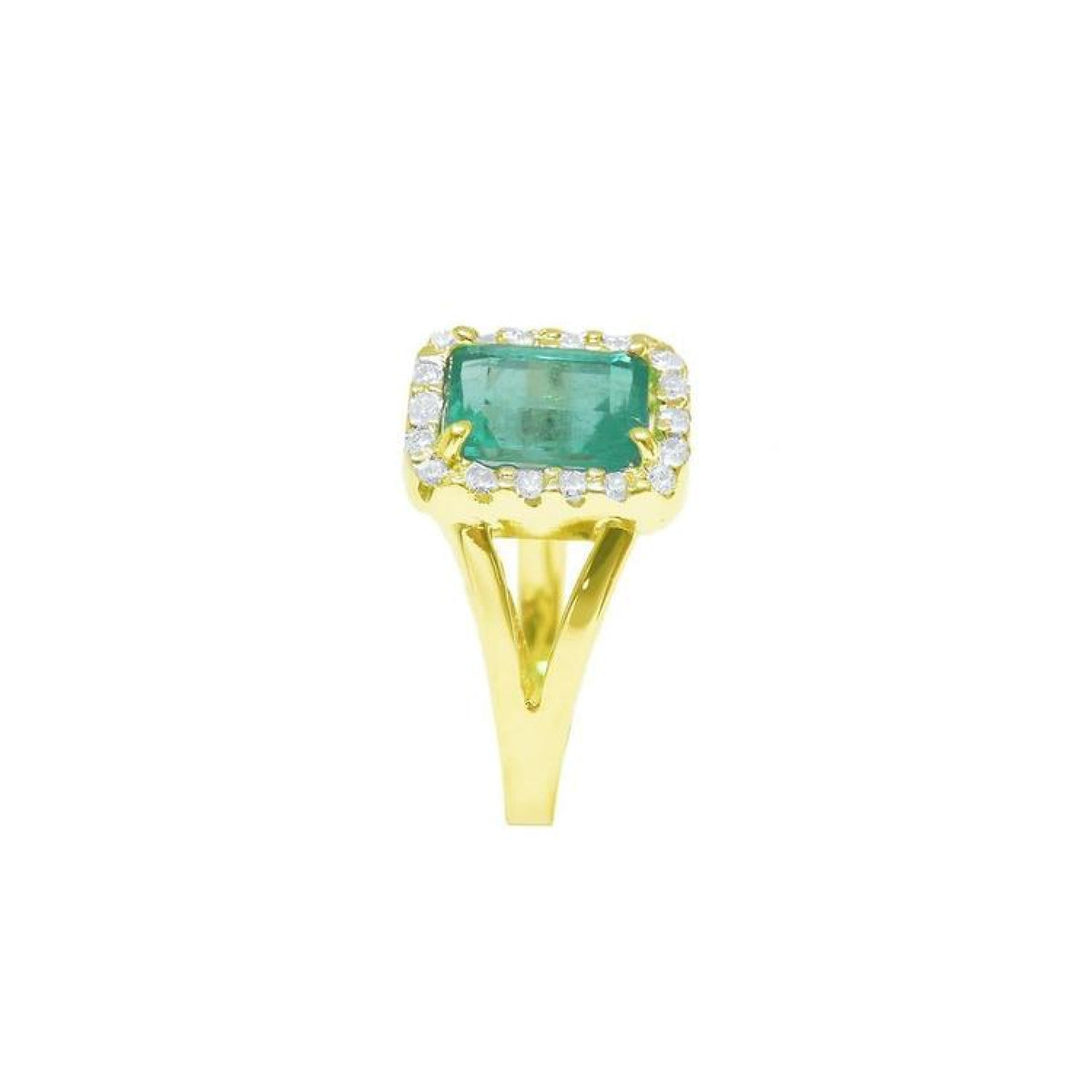 1.68 ct emerald-cut Muzo Colombian emerald ring with diamond halo and split shank 14k yellow gold.
