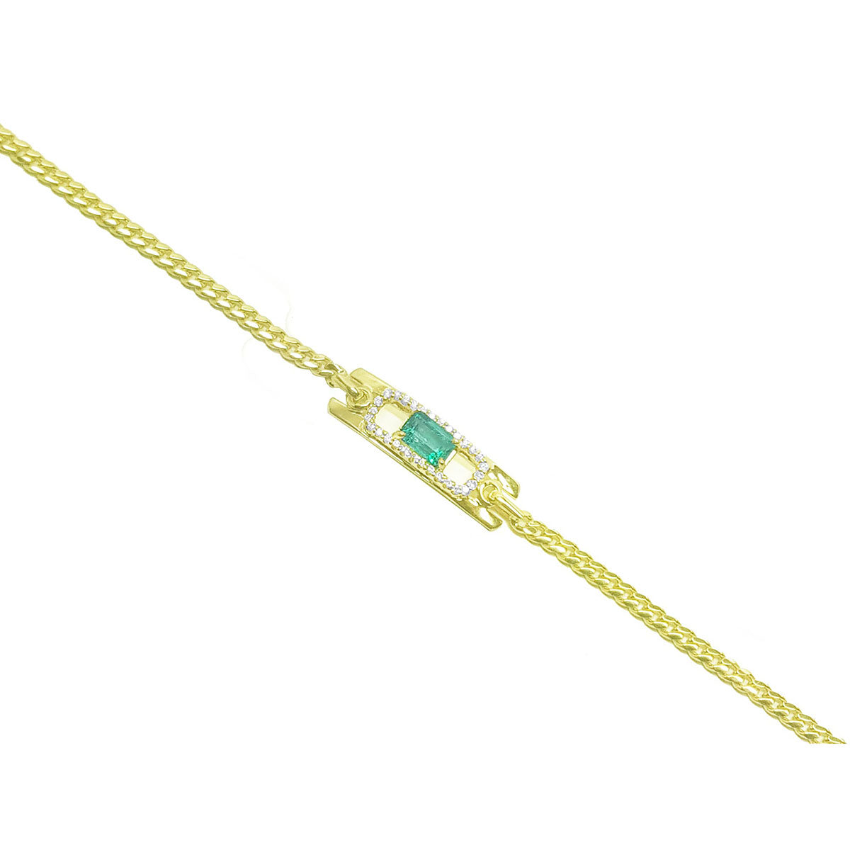 A distant view of a gold bracelet with a genuine emerald on a white background.