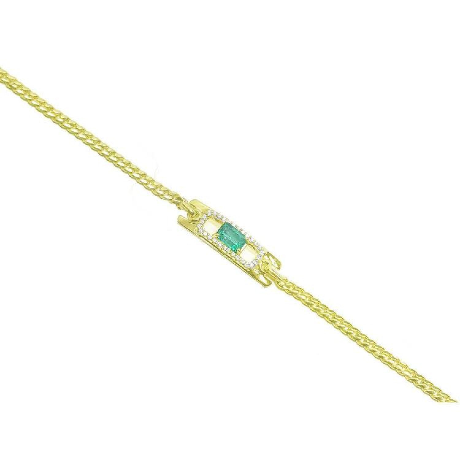 14K yellow gold bracelet with a rectangular Colombian emerald and diamond halo.